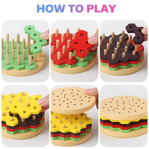 Montessori Toys for 3 Year Old Boys Girls,Toddlers Sensory Toys,Baby Wooden Educational Learning Toys,Hamburger Puzzles for Preschool Kids Birthday Gifts