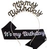 BAHABY Birthday Crowns for Women, It's My Birthday Sash & Birthday Headband Set Princess Birthday Sash and Rhinestone Tiara Birthday Party Decorations- Black