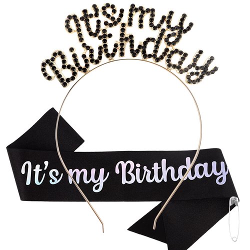 BAHABY Birthday Crowns for Women, It's My Birthday Sash & Birthday Headband Set Princess Birthday Sash and Rhinestone Tiara Birthday Party Decorations- Black