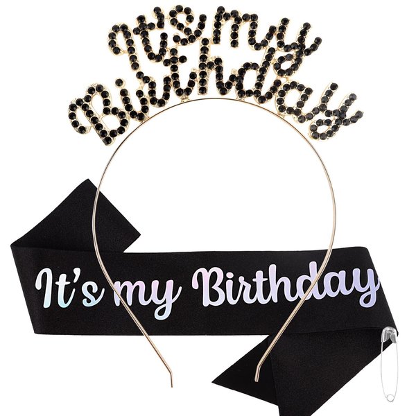 BAHABY Birthday Crowns for Women, It's My Birthday Sash & Birthday Headband Set Princess Birthday Sash and Rhinestone Tiara Birthday Party Decorations- Black