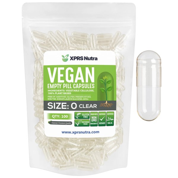 XPRS Nutra Size 0 Empty Capsules - 100 Clear Count Empty Vegan Capsules - Vegetarian Empty Pill Capsules - DIY Vegetable Capsule Filling -Veggie Pills