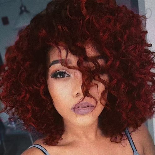 Amnenl Short Wine Red Afro Curly Wig with Bangs for Black Women Natural Synthetic Curly Halloween Cosplay Costume Wigs with Wig Cap(Wine Red)