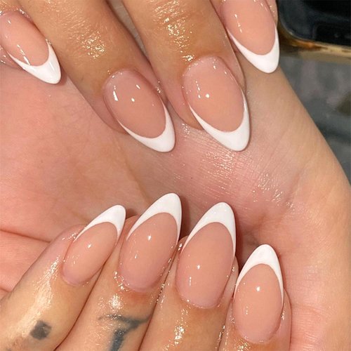 Generic White French Tip Nails Press on Long Almond Acrylic Fake Nails Mirror Oval Stick on Nails Full Cover Glue on Nails for Women DIY Manicure Decoration