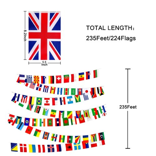 Consummate 224 Countries International World String Flags Banner Set Small Mini National Bunting Flags,All Countries Flags for Olympic,Bar,Sports Clubs,School Festivals Decorations,235 Feet