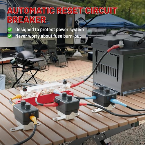 RED WOLF (30A 4PCS) DC 6V-50V Automatic Reset Circuit Breaker #10-32 Studs with Metal Fuse Housing Pre-Trimmed Cover Reusable for Trolling Motor Marine ATV Boat RV Automotive Battery Solar System