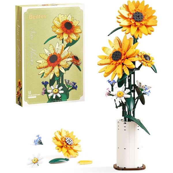 Bentex Sunflower Building Block Set, Beautiful Flower Bouquet with Vase for Adults Teens, Gift for Birthday Anniversary for Her & Him, Vibrant Home Decor for Flower Lovers (821pcs)