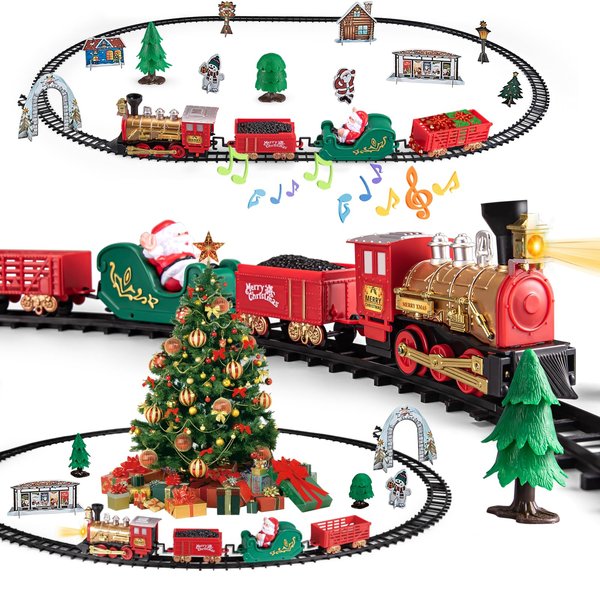 Train Toy for Toddler, Train Set Around for Christmas Tree, Electric Locomotive with Light & Sound, Tracks, Carriages, Ideal for Holiday Decoration, Gift for Boys Girls 3 Years Old & Up Kids Children
