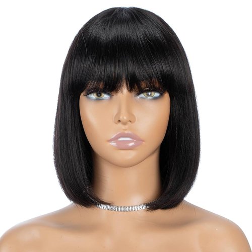 Rebecca Fashion 10 Inch Short Black Bob Wig with Bangs Human Hair Light Yaki Straight Bang Bob Wig Human Hair Wigs for Black Women Wear and Go Glueless Wig for Daily Wear (1B)
