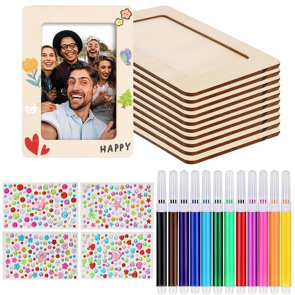 bovivanen Picture Frame Painting Craft Kit for 4" x 6" Photo, 10Pcs DIY Unfinished Wooden Picture Frames with 12Pcs Painting Color Pen and 4 Sheets Crystal Diamond Stickers for DIY Craft