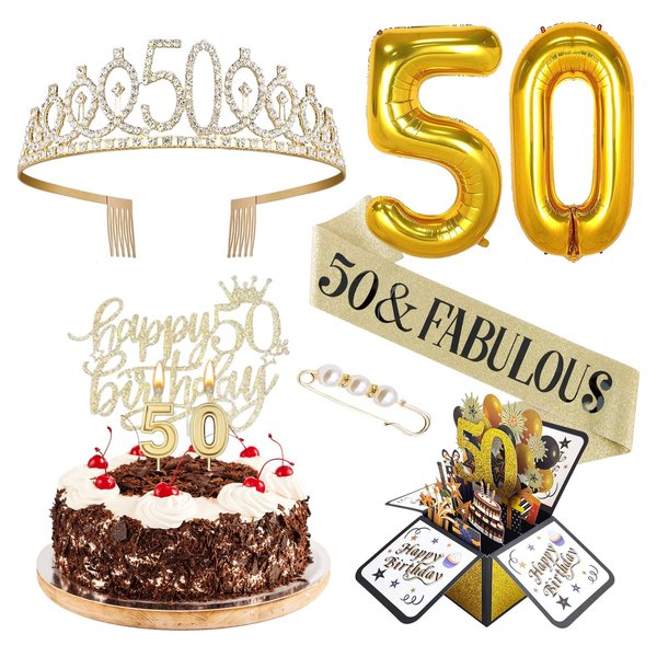 50th birthday decorations women,50th Birthday gifts women,Gold,Include 50th Birthday Crown,50th Birthday Sash with Pearl Pin,,3D Birthday Card,Cake topper,Number Candles and Balloons