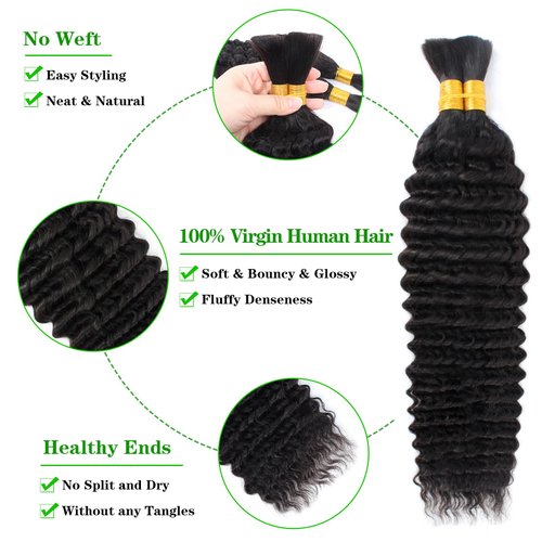 Human Hair Bulk For Braiding No Weft 100% Unprocessed Brazilian Virgin Weave Braid Deep Wave Curly Human Hair Extensions Two Bundles Micro Braiding Human Hair 100g No Weft(20 inch, Natural Black)