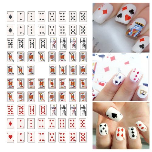 Poker Nail Art Stickers Decals 3D Card Nail Art Supplies Fashion Playing Cards Designer Nail Sticker Red Heart Diamond Spades Geometric Letter Nail Designs Sticker for Acrylic Nails (8 Sheets)