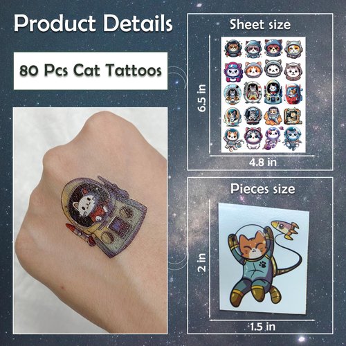 80 PCS Space Cats Temporary Tattoos for Party Supplies, Temporary Tattoo Stickers for Birthday Parties, Cat Tattoos Party Favor Activities, Waterproof Temporary Tattoos. (Cat 80PCS)
