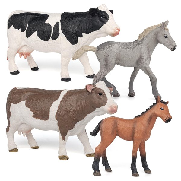 LC JoyCre Farm Animals Cows and Horses Toys 4PCS Realistic Cows Figures Horses Figurines Playset for Toddlers Andalusian Foal Birthday Party Collection for Kids