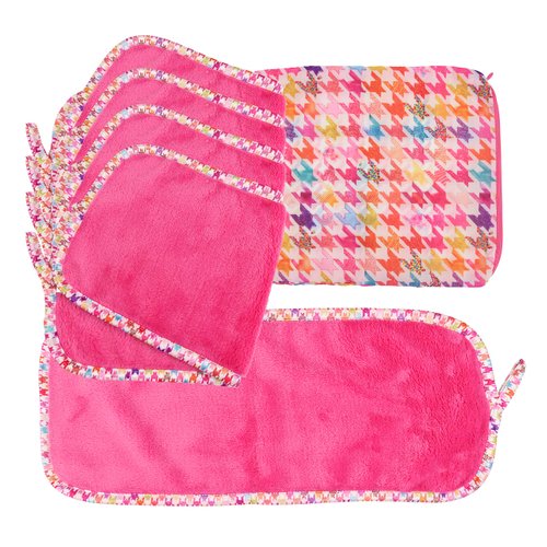 Arkwright Microfiber Makeup Remover Cloths - Pack of 5 - Soft Coral Fleece Reusable Makeup Towels with a Bag, Facial Wash Cloth for Bathroom, 7.5 x 15.5 in, Houndstooth