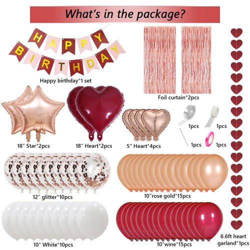MSMANCY Red Birthday Decorations for Women with HAPPY BIRTHDAY Banner Curtains Heart Star Balloons for 16th 18th 21st 30th 40th 50th 60th Burgundy Birthday Party Supplies (Wine Red)