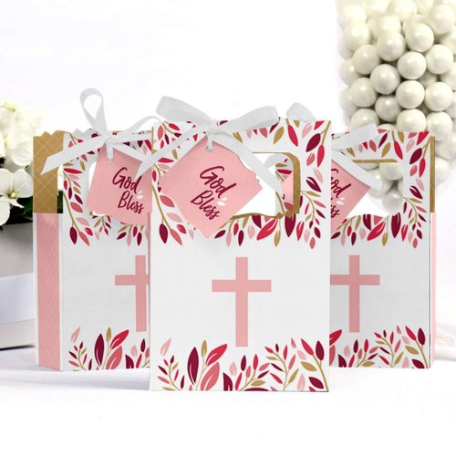 Pink Elegant Cross - Girl Religious Party Favor Boxes - Set of 12