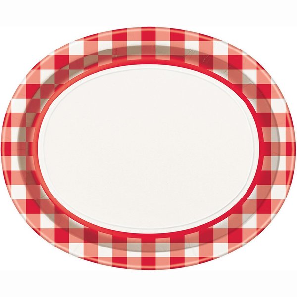 Unique 12.25" x 10.25" Gingham Oval Paper Plates 8 Pcs, Red