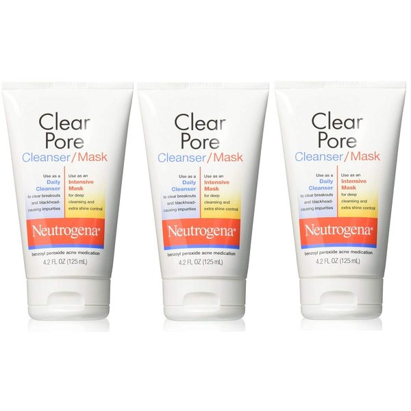 Neutrogena Clear Pore Facial Cleanser / Face Mask containing Kaolin & Bentonite Clay, Acne Treatment with Benzoyl Peroxide, 4.2 fl. oz (Pack of 3)