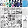 Biutee Nail Stamping Plates set 15 pcs Nail Art Stamper Scraper Storage Bag Gift Box Nail Stamp Template Kit Lace Flower Butterfly Star Holiday Sports Design Nail Image Plate