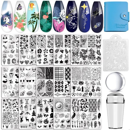 Biutee Nail Stamping Plates set 15 pcs Nail Art Stamper Scraper Storage Bag Gift Box Nail Stamp Template Kit Lace Flower Butterfly Star Holiday Sports Design Nail Image Plate