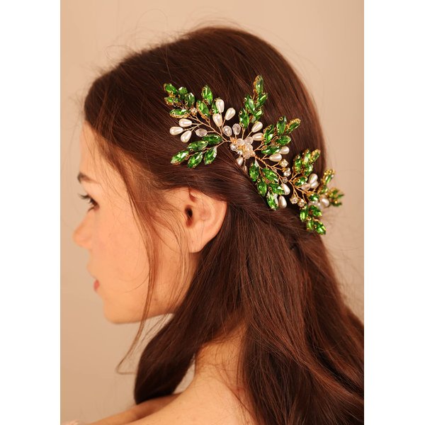 BERYUAN Green Teardrop Crystal Pearls Hair Comb Crystal Pearls Hair Piece Gold Bridal Headband for Wedding Crystal Rhinestone Bridal Side Combs for Wedding Women Girls (green)