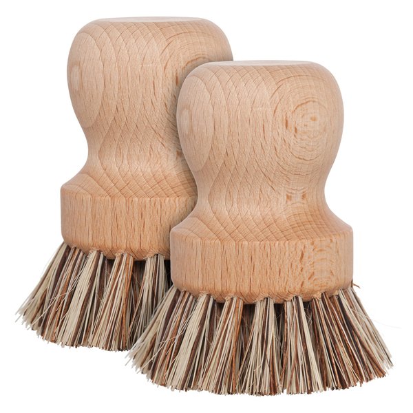 Redecker Natural Fiber Bristle Pot Brush, Untreated Beechwood Handle, Heat-Resistant Union Fiber Head for Cleaning Pots, Pans and More, 2-1/2 inch Diameter, Set of 2, Made in Germany
