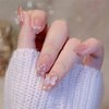 Butterfly Press on Nails Short Coffin Pink Fake Nails with Pearl and Glitter Design Acrylic Nails Glossy False Nails Rhinestone Full Cover Glue on Nails Stick on Nails for Women and Girls