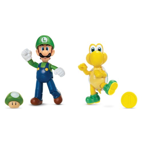 Super Mario Luigi and Koopa Troopa 4-Inch Action Figure 2-pack with 1-Up & Gold Coin Accessories, Action Figures Come with Up To 13 Points of Articulation
