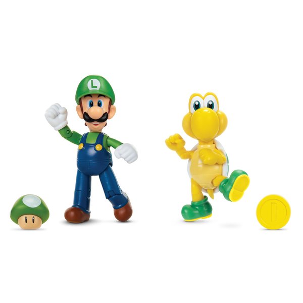 Super Mario Luigi and Koopa Troopa 4-Inch Action Figure 2-pack with 1-Up & Gold Coin Accessories, Action Figures Come with Up To 13 Points of Articulation