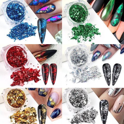 Holographic Nail Art Foil Glitters Kit 6 Boxes 3D Nail Glitter Flakes Nail Art Supplies Confetti Sparkly Aluminum Foil Irregular Foil Glitter Nail Design for Acrylic Nails Decorations Accessories