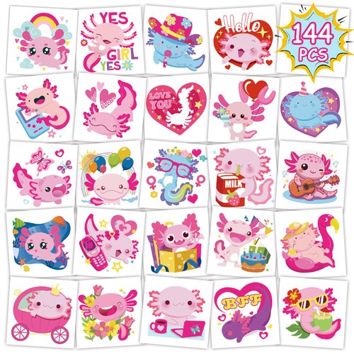 Konsait 144PCS Axolotl Temporary Tattoos, Individually wrapped Axolotl Tattoos, Pinky Axolotl Party Favors Birthday Decorations, Axolotl Gifts for Kids Bag Stuffers Fillers, 48 Designs