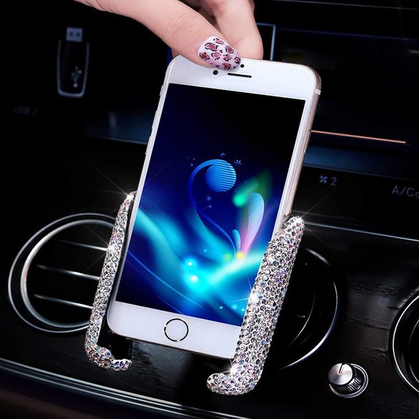 SUNCARACCL Bling Car Phone Holder Mini Dash Air Vent Automatic Phone Mount Universal 360°Adjustable Crystal for Women and Girls (White)