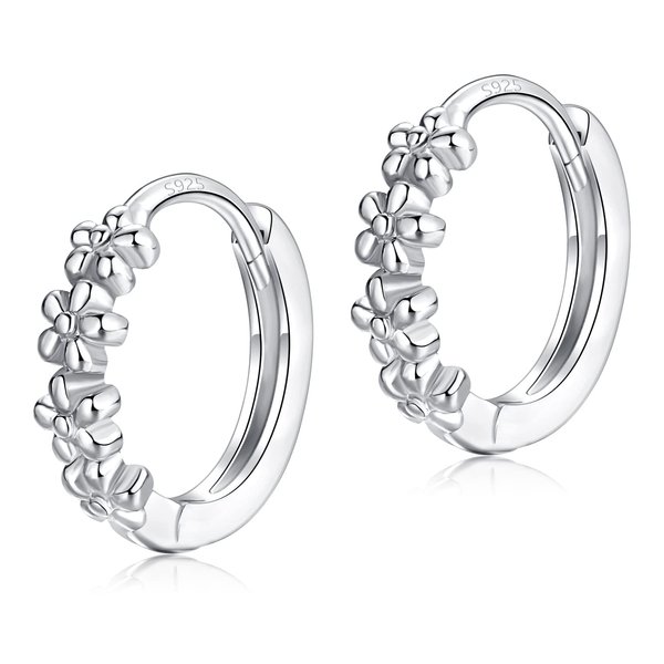 Small Hoop Earrings for Women Girls |925 Sterling Silver Post 10mm Flower Cluster Huggie Hoop Earrings, Hypoallergenic Cartilage Piercing Hoops Jewelry, Silver