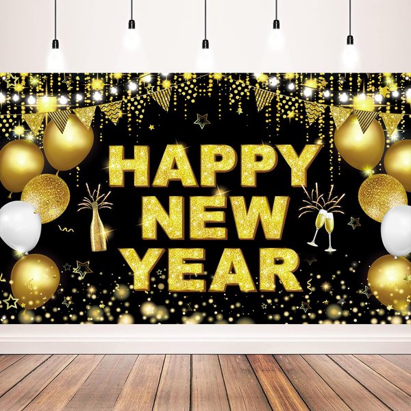 New Years Eve Decorations Happy New Year Backdrop Black Gold New Years Banner for NYE Party Decoration Supplies, 71x43 inch