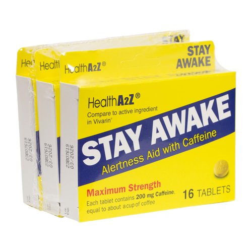 HealthA2Z® Stay Awake | 200 mg Caffeine | Alertness Aid with Caffeine | 3 Packs of 16 Tabelts (48 Tablets Total) | Maxium Strength