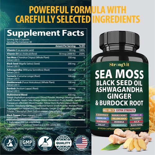 Sea Moss Black Seed Oil Ashwagandha Ginger, Organic Sea Moss Capsules with Burdock Root, Irish Seamoss Pills with Bladderwrack, Turmeric, Shilajit, Multimineral Supplement, USA (120 Capsules)