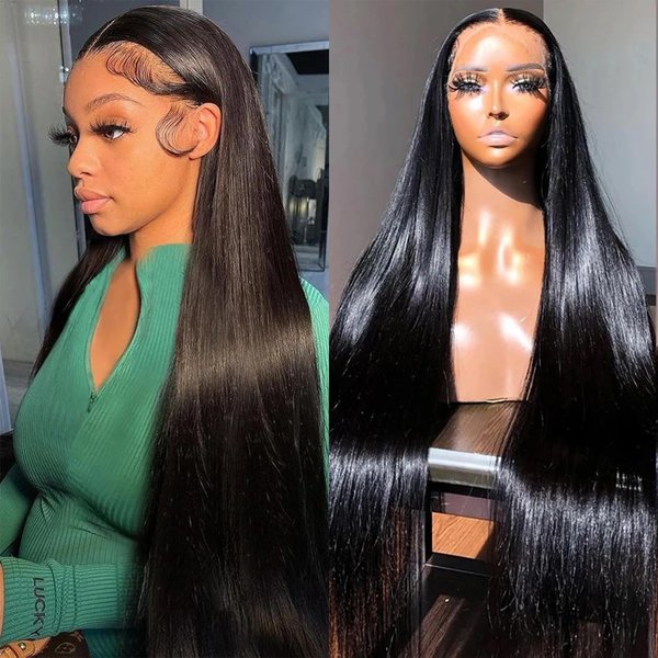 USUKUSI 28 Inch Straight Lace Front Wigs Human Hair Pre-Plucked 200% Density 13x6 Glue less HD Transparent Lace Frontal Wigs for Women Human Hair Natural Color