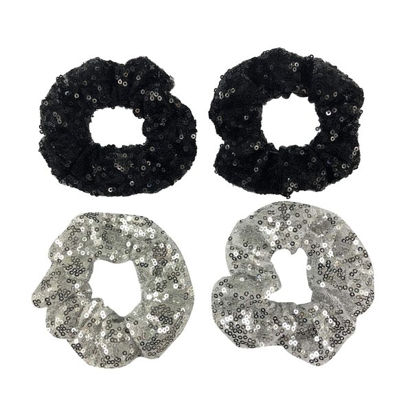 4 Pcs Sequin Hair Scrunchie Hair Bobbles Metallic Elastics Ponytail Holders Hair Wrist Ties Bands Cloth Scrunchies for Show Gym Dance Party Club Girl Women (Black+White)