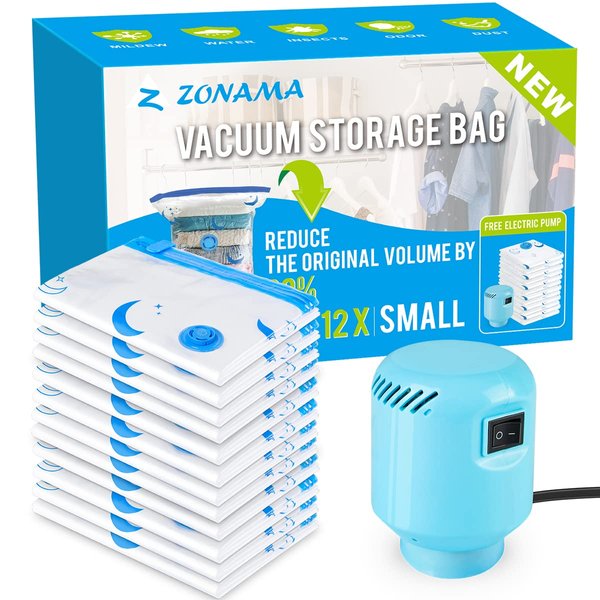 Z ZONAMA Vacuum Storage Bags with Electric Air Pump,12 Pack Small Size (24" x 16") Space Saver Bag for Clothes, Mattress, Blanket, Duvets, Pillows, Comforters, Quilt, Travel, Moving