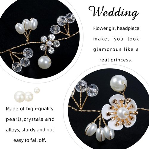Wedding Hair Accessories Gold Flower Girl Headpiece Crown Headband Flower Girls Hair Accessory Pearl Head Bands for Women's Hair White Wedding Headpiece for Bride Wedding Hair Accessories for Women