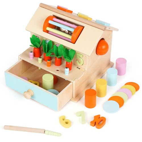 Wooden Montessori Toys for Babies,Object Permanence Box,Coin Box,Ball Drop Toy, Color & Shape Sorter Toys, Spinning Drum,Carrot Harvest,Learning Educational Toys Fine Motor Skills Gifts for Toddlers