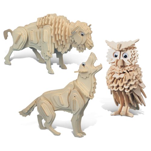 Puzzled Bundle of Owl, Wolf and Buffalo Wooden 3D Puzzle Construction Kits, Fun Unique and Educational DIY Wild Animals Toys Assemble Model Unfinished Wood Craft - 3 Pack