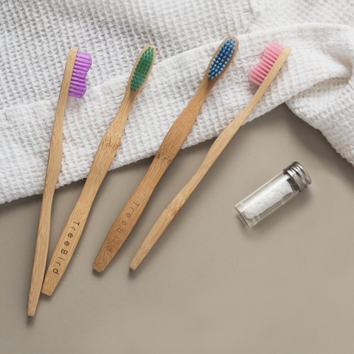 Bamboo Toothbrush 4-Pack & Compostable Silk Dental Floss with Refillable Glass Holder | Biodegradable Oral Care Set | Soft BPA-Free Bristles | Natural Eco-Friendly Gifts for Men & Women | Moso Handle