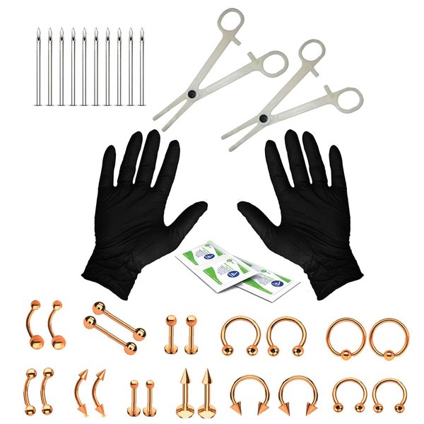 BodyJ4You 36PC Body Piercing Kit - 14G 16G Rose Goldtone Surgical Steel - Nose Tongue Lip Ear Eyebrow Belly Button Cartilage Tragus Industrial - Jewelry Needle Tools Clamps - Unisex Male Female