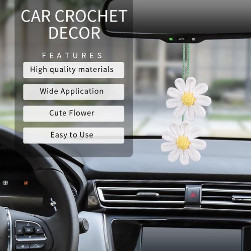 Cute Crochet Flower Car Accessories for Women Rear View Mirror Accessories Handmade Knitted Daisy Car Decor Car Accessories Aesthetic Car Mirror Hanging Accessories(White)