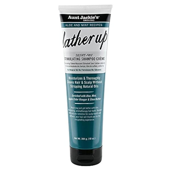Aunt Jackie's Aloe & Mint Recipes Lather Up Stimulating Hair Moisturizing Shampoo Creme, Sulfate Free for All Hair Types and Textures, Green, 10 Oz