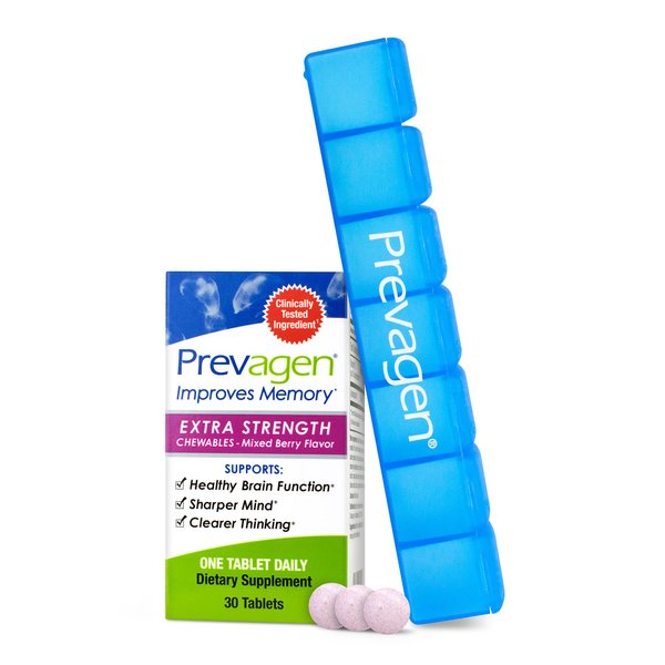 Prevagen Improves Memory - Extra Strength 20mg, 30 Chewables |Mixed Berry| with Apoaequorin & Vitamin D 7-Day Pill Minder | Brain Supplement for Better Brain Health