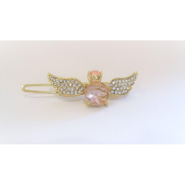 Small gold and pink crystal angel hair pin barrette bridal clip