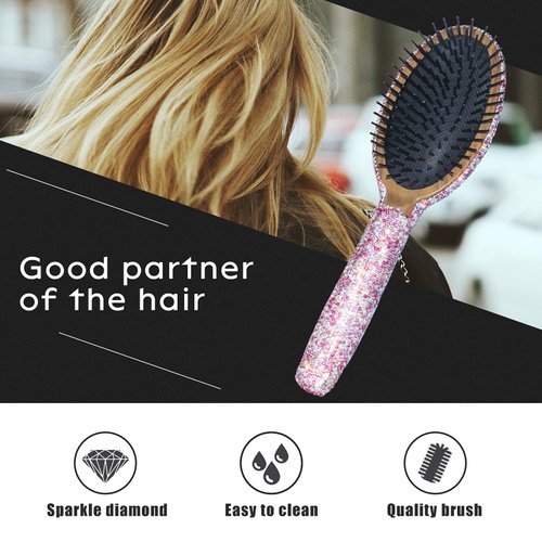 Bling Rhinestone Hair Brush Removing Tangles, Knots, Hair Massaging For Women,Girl Wet and Dry Hair (pink)